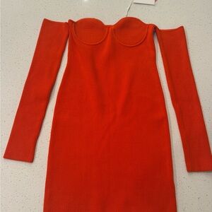 BNWT $395 HELMUT LANG Contour Mini Dress Large Poppy Orange Ribbed Knit
